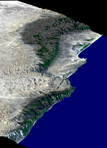Vista en perspectiva, superposición Landsat, Salalah, Omán, península Arábiga meridional