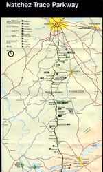 Mapa de la Ruta Escénica Nacional Natchez Trace Parkway, Rock Spring, Alabama Hasta Nashville, Tennessee, Estados Unidos
