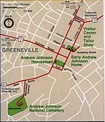 Mapa de Ubicación del Sitio Histórico Nacional  Andrew Johnson, Tennessee, Estados Unidos