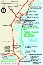 Mapa de la Región del Área Marina Costera Protegida de de Padre Island, Texas, Estados Unidos